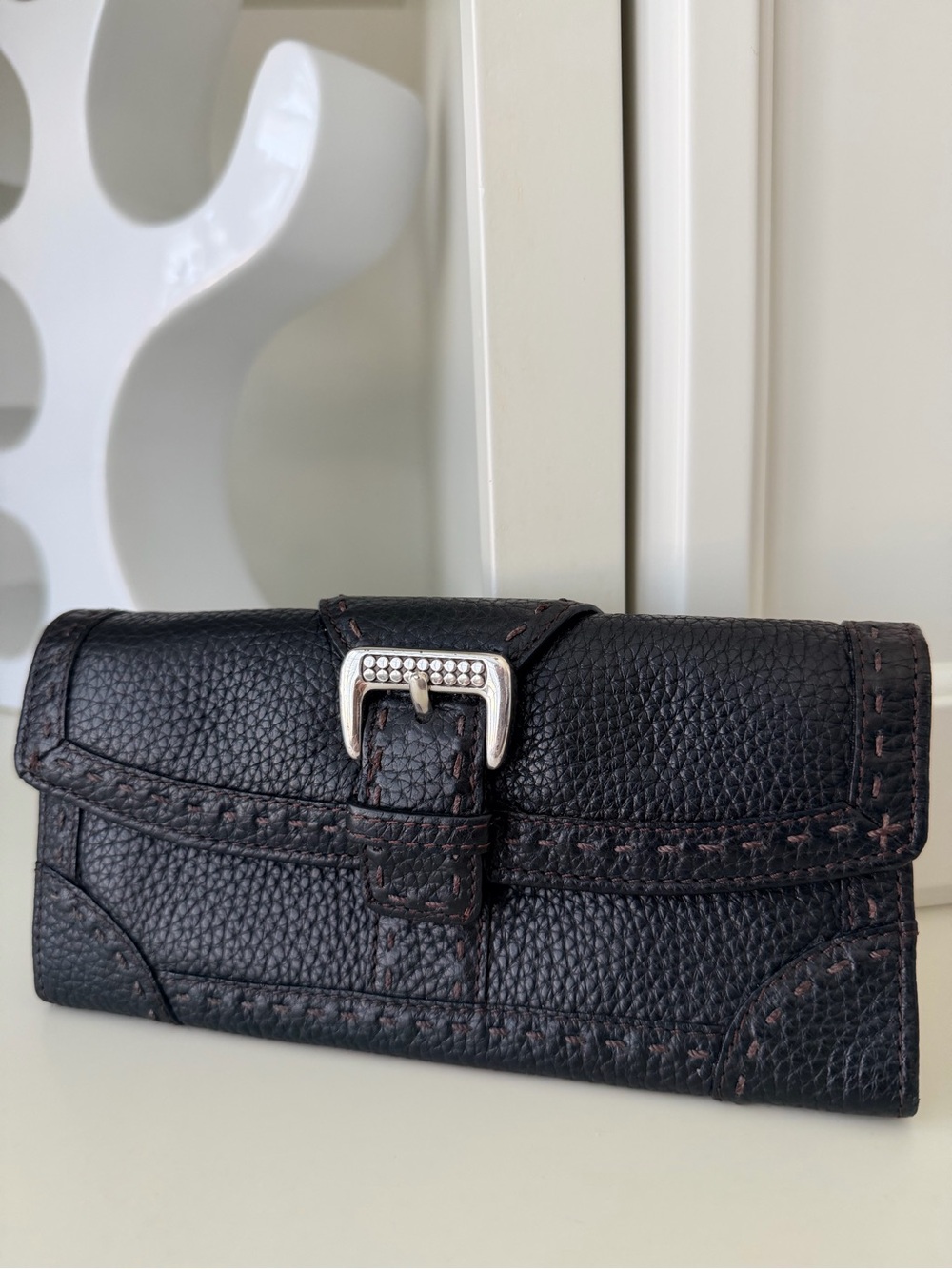 Vintage Y2K BRIGHTON Leather Whipstitched Black Classic Buckle Women’s Wallet